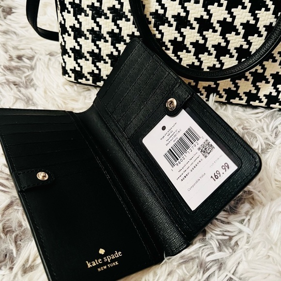 Kate Spade Darcy Woven Small Satchel & Large Slim Bifold Wallet In Houndstooth - Picture 4 of 7